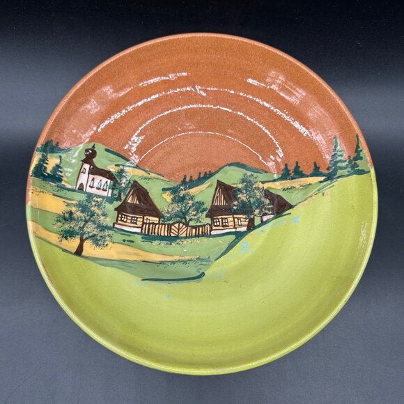 Handmade Art Pottery Dish Wall Hanging Countryside Mountains Church Redware - Picture 2 of 10
